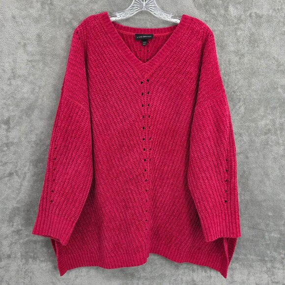 Lane Bryant Pointelle Knit Sweater 22 24 Red V Neck Oversize Cozy Side Slit Boxy - Picture 9 of 9